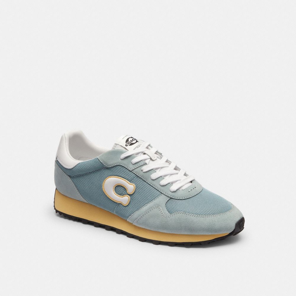 COACH®,Retro Runner,Recycled Polyester,Mesh,Rubber,Leather,Suede,Casual,Low Top,Fabric,Logo,Color Block,Mixed Media,Sustai...,Blue,Front View