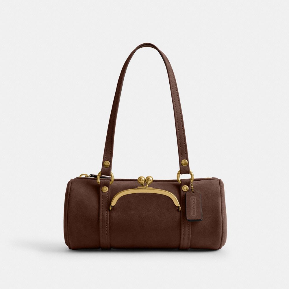 COACH®,Kisslock Barrel Bag 28,Lining Cotton,Suede,Leather,Barrel Bag,Pendant,Sustainable,Compact,Brass,Day Party,Brown,Front View