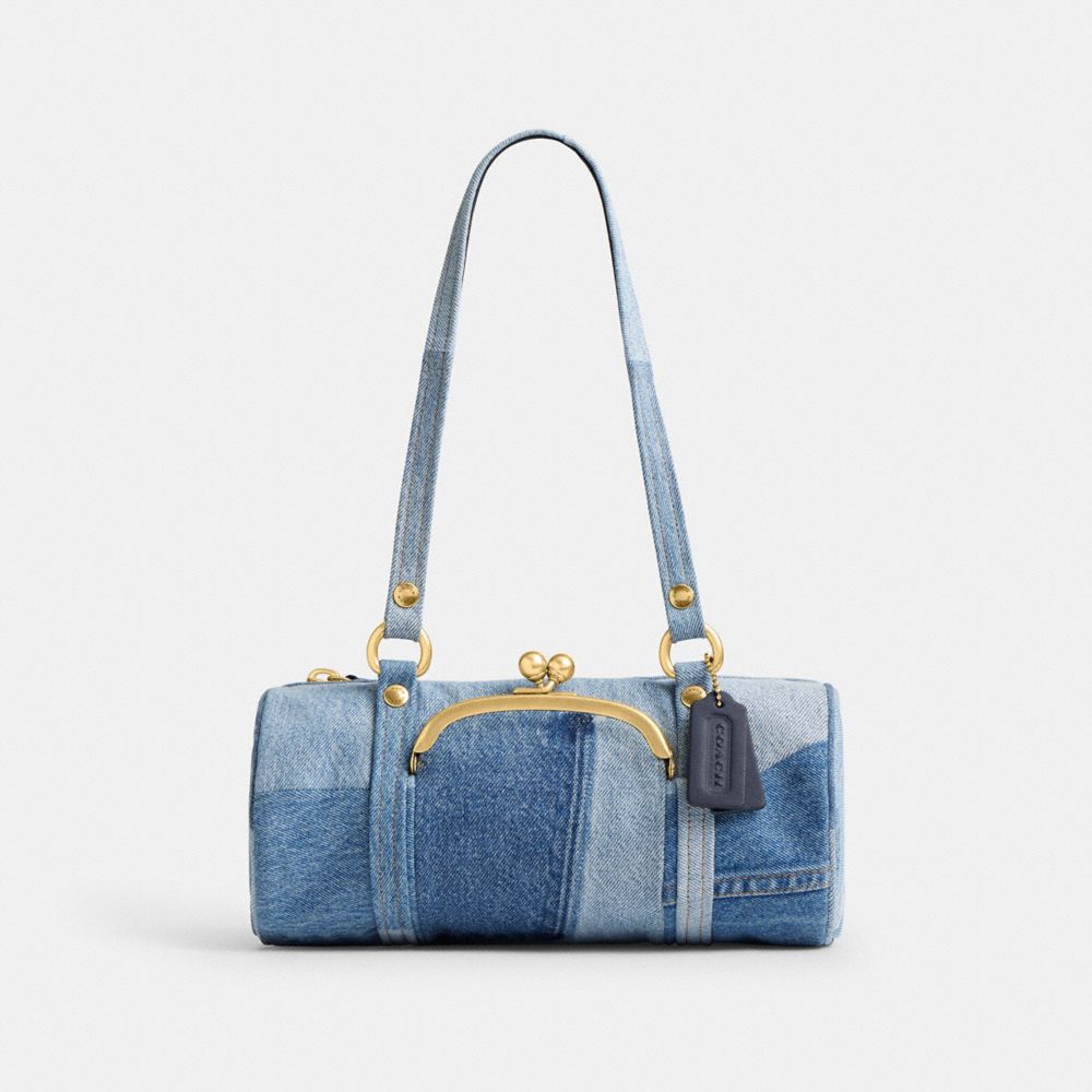 COACH®,Kisslock Barrel Bag 28 In Repurposed Denim,,Front View