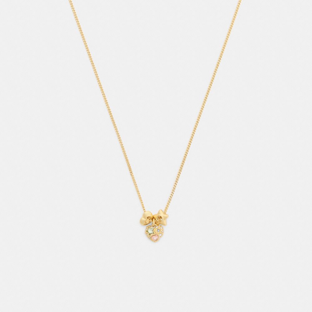 COACH®,Stars And Hearts Rondell Pendant Necklace,Single Strand,Cubic Zirconia,Glass,Star Embellishment,Heart Embellishment...,Yellow,Front View