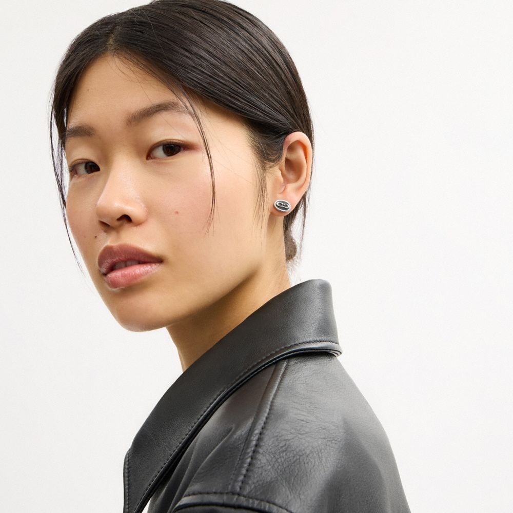 COACH®,Signature Link Enamel Stud Earrings,Studs,Cubic Zirconia,Enamel,Lettering Word,Logo,Brass,Casual,Black,Detail View