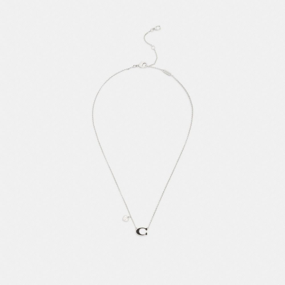 COACH®,Enamel Signature Heart Charm Pendant Necklace,Single Strand,Glass,Enamel,Cubic Zirconia,Gem Embellishment,Initials ...,Black,Inside View,Top View