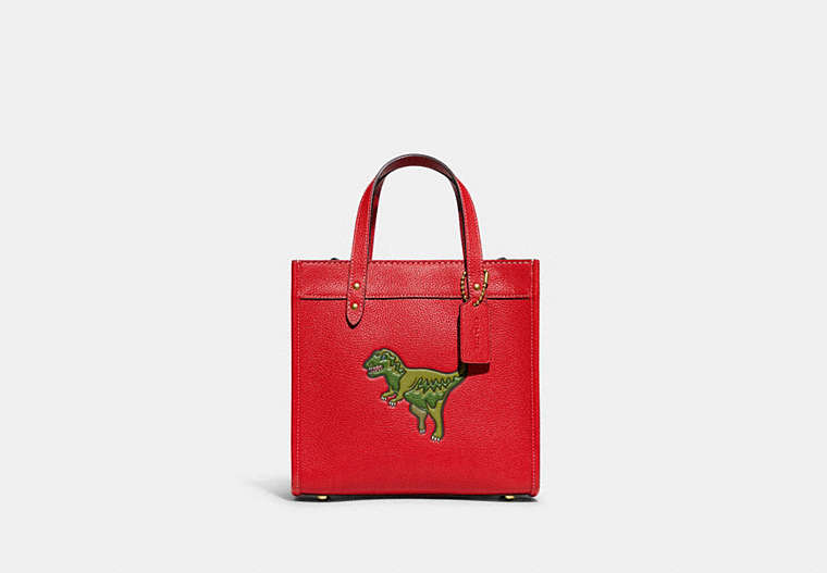 COACH®,FIELD TOTE 22 WITH REXY,Polished Pebble Leather,Small,Rexy,Brass/Sport Red,Front View