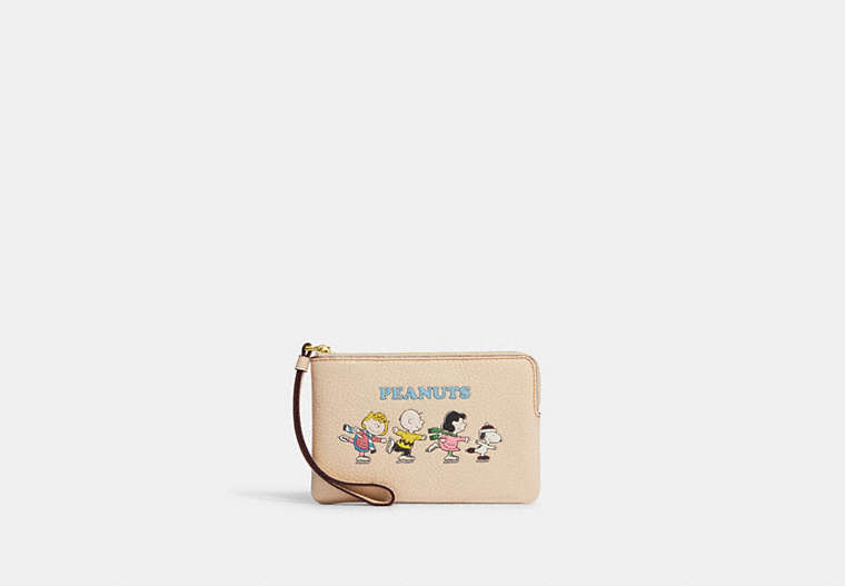 Coach X Peanuts Corner Zip Wristlet With Snoopy And Friends Motif