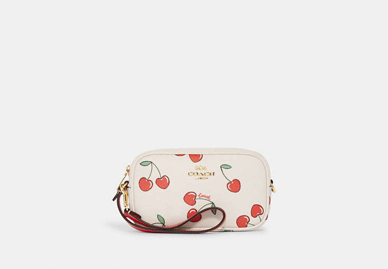 COACH®,JAMIE WRISTLET WITH HEART CHERRY PRINT,Fabric,Gold/Chalk Multi,Front View