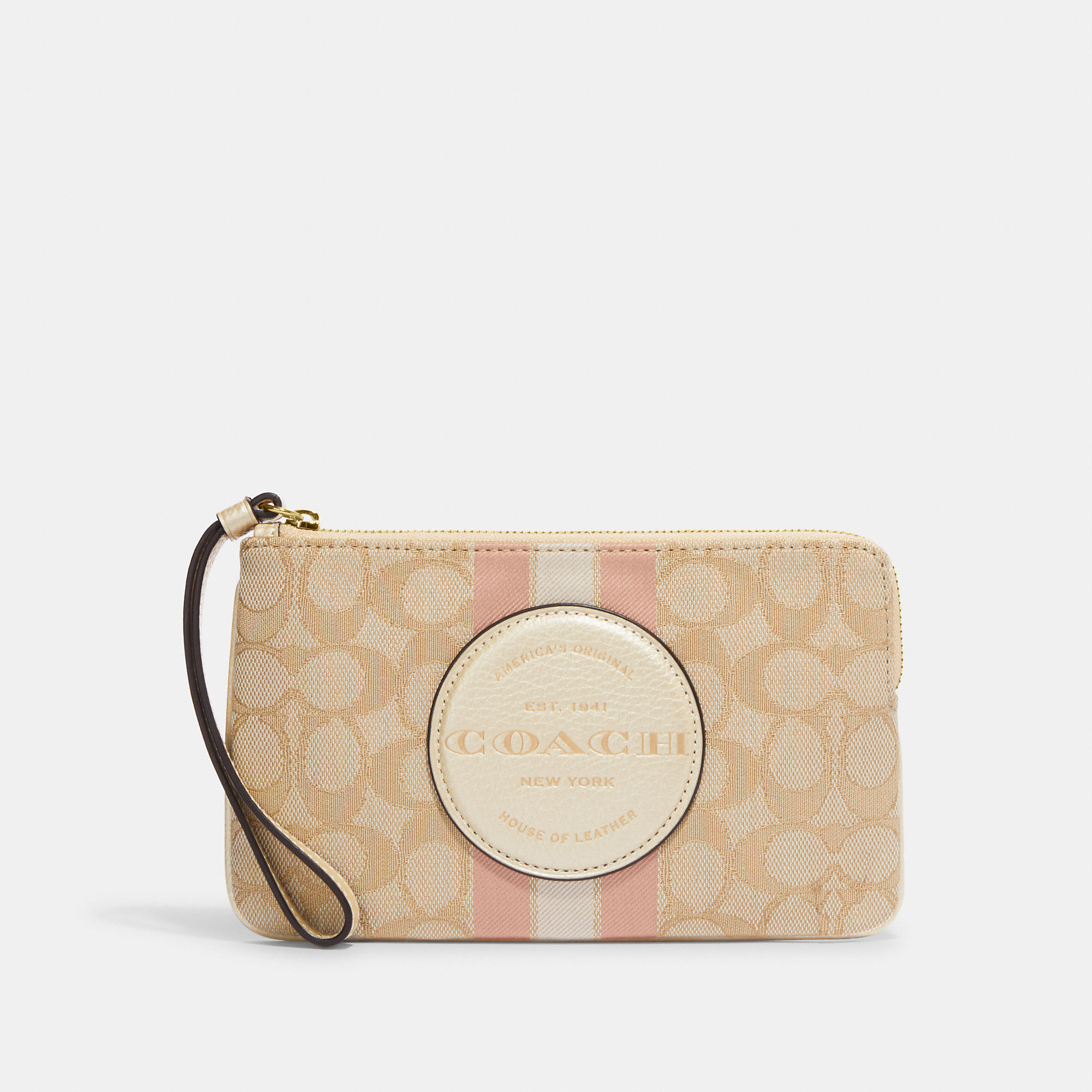 Coach Outlet Dempsey Large Corner Zip Wristlet In Signature Jacquard With Stripe And Coach Patch In Multi