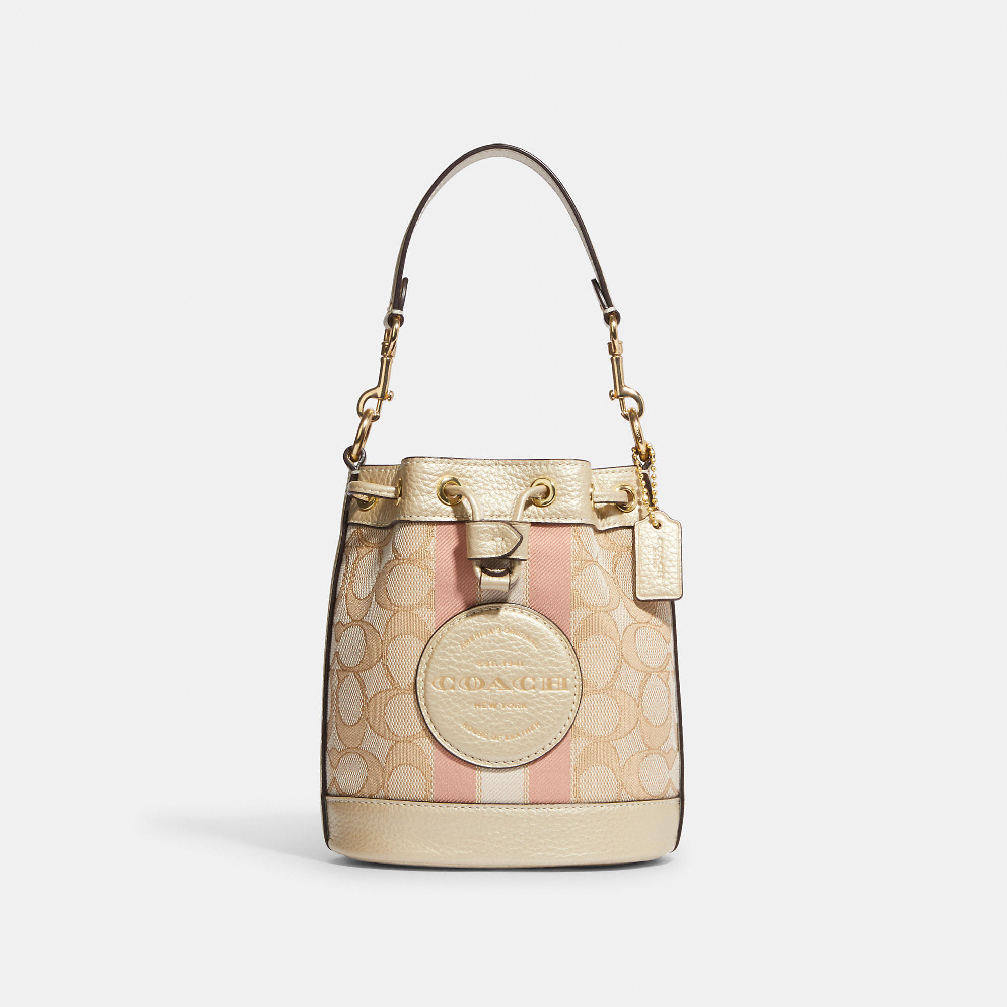 Coach Mini Dempsey Bucket Bag In Signature Jacquard With Stripe And Coach  Patch