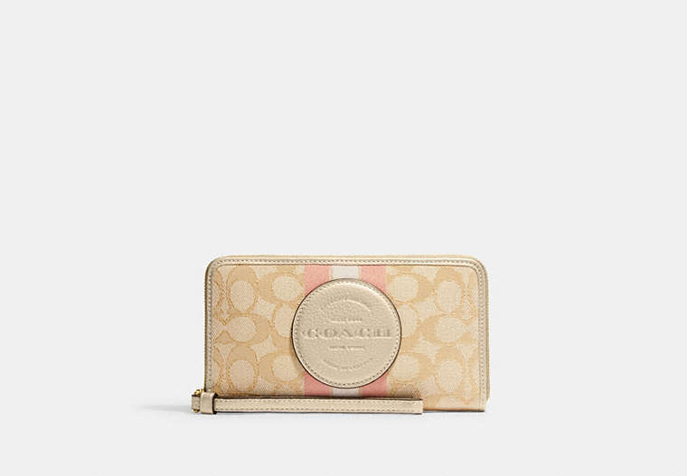 COACH®,DEMPSEY LARGE PHONE WALLET IN SIGNATURE JACQUARD WITH STRIPE AND COACH PATCH,Leather,Im/Lt Khaki/Metallic Soft Gold,Front View