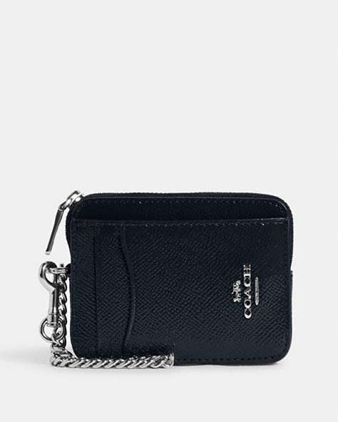 COACH®,ZIP CARD CASE,Mini,Silver/Midnight Navy,Front View