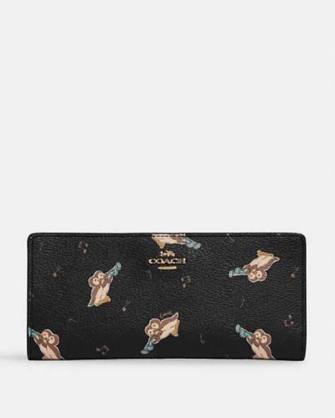 COACH®,SLIM ZIP WALLET WITH PENGUIN PRINT,Printed Coated Canvas,Gold/Black Multi,Front View