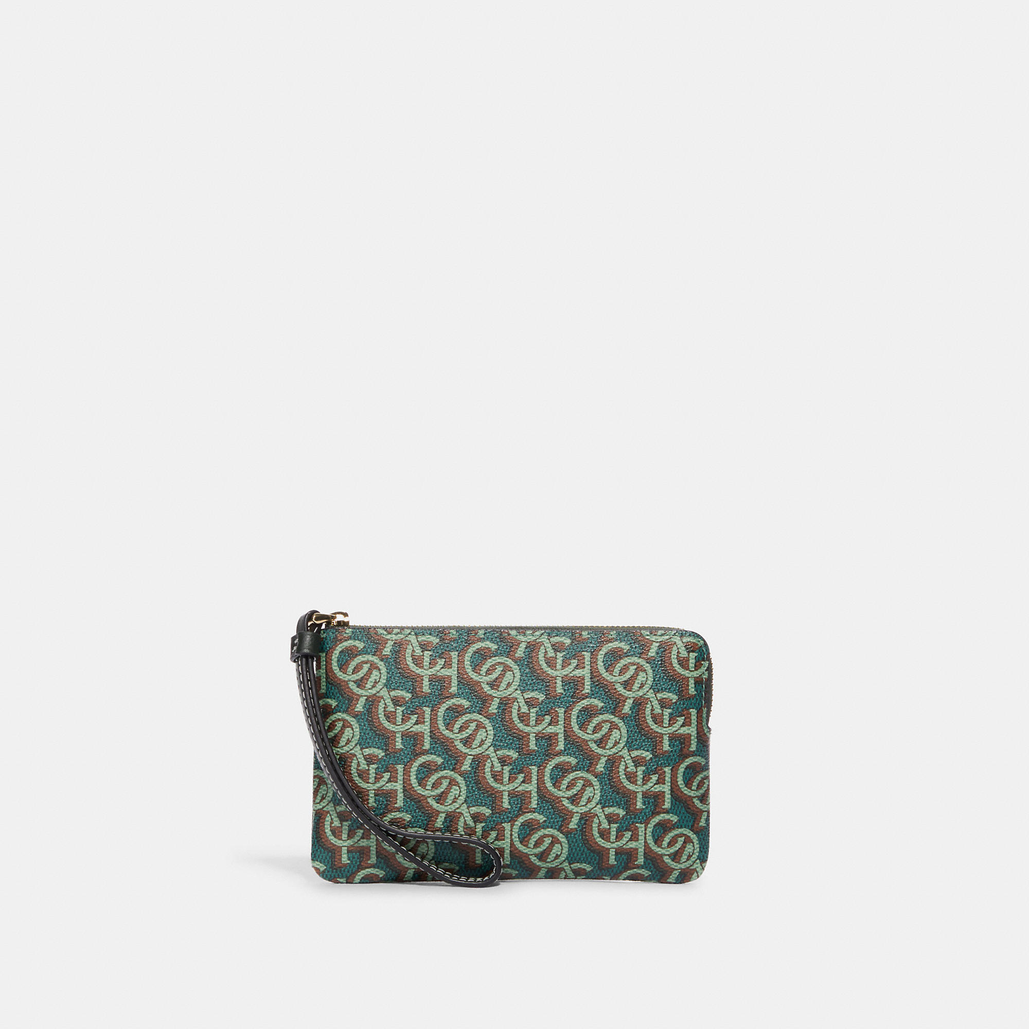 Coach Outlet Corner Zip Wristlet With Signature Monogram Print In Green