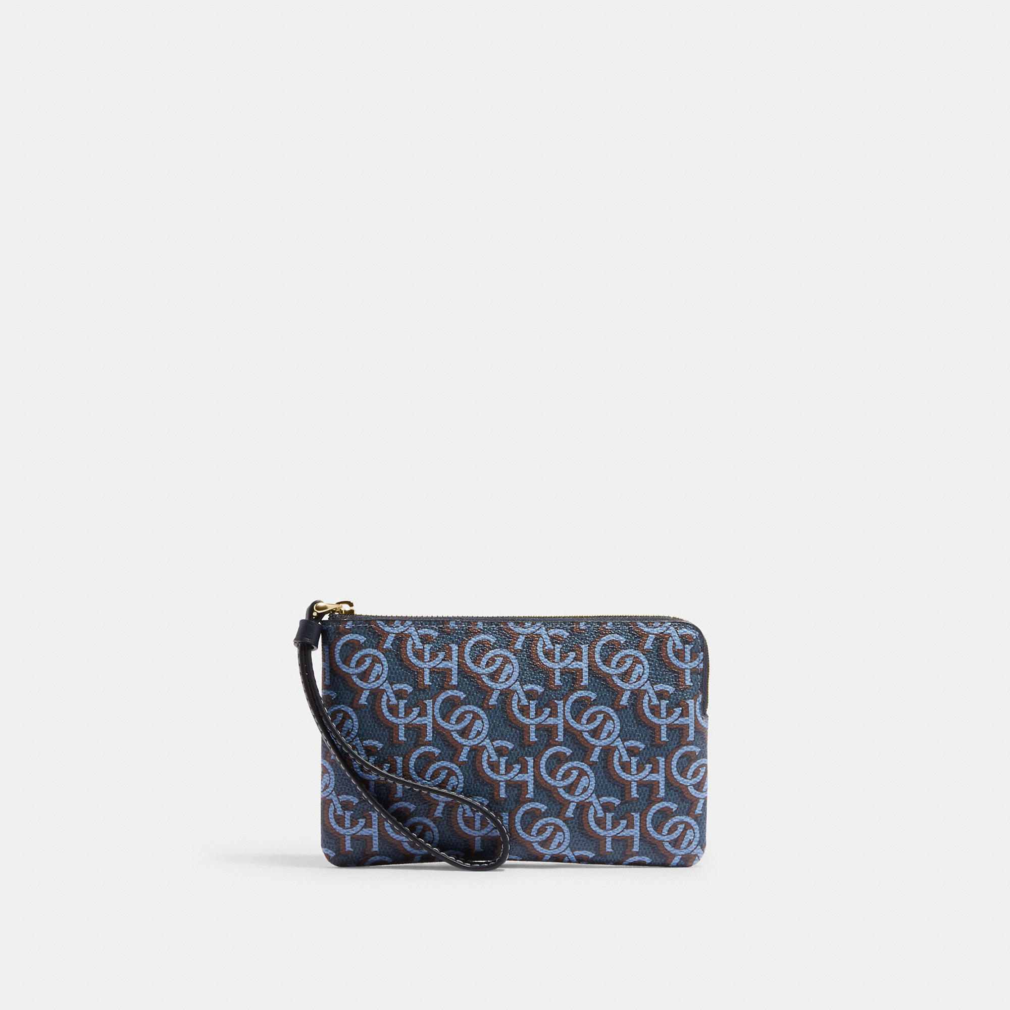 Coach Outlet Corner Zip Wristlet With Signature Monogram Print In Blue