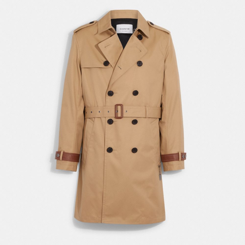 COACH®,Trench Coat,Cotton,Polyester,Viscose,Trench,Stitching,Button,Work,Beige,Front View