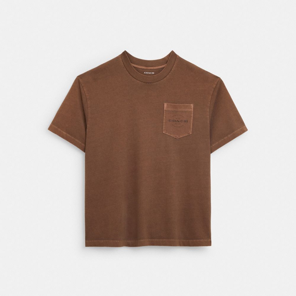 COACH®,Pocket T-Shirt,Cotton Knit,Cotton,Spandex,T Shirt,Logo,Word Embellishment,Casual,Brown,Front View