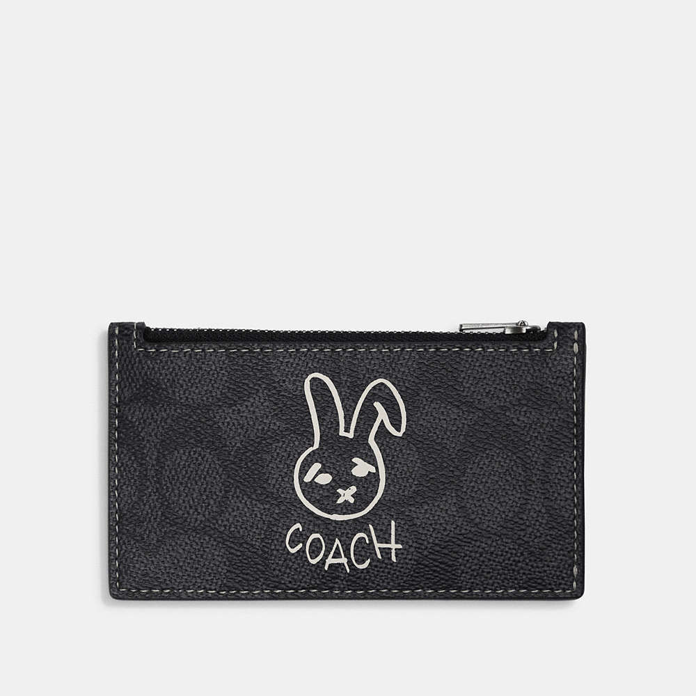 Coach Lunar New Year Zip Card Case In Signature Canvas With Rabbit In Charcoal Multi