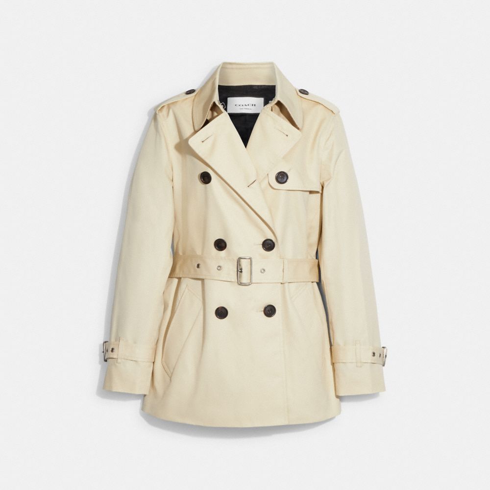COACH®,Solid Short Trench Coat,Cotton,Polyester,Trench,Button,Work,Cream,Front View