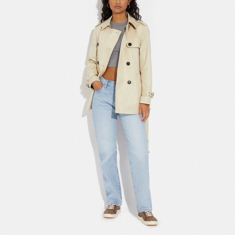 COACH®,Solid Short Trench Coat,Cotton,Polyester,Trench,Button,Work,Cream,Scale View