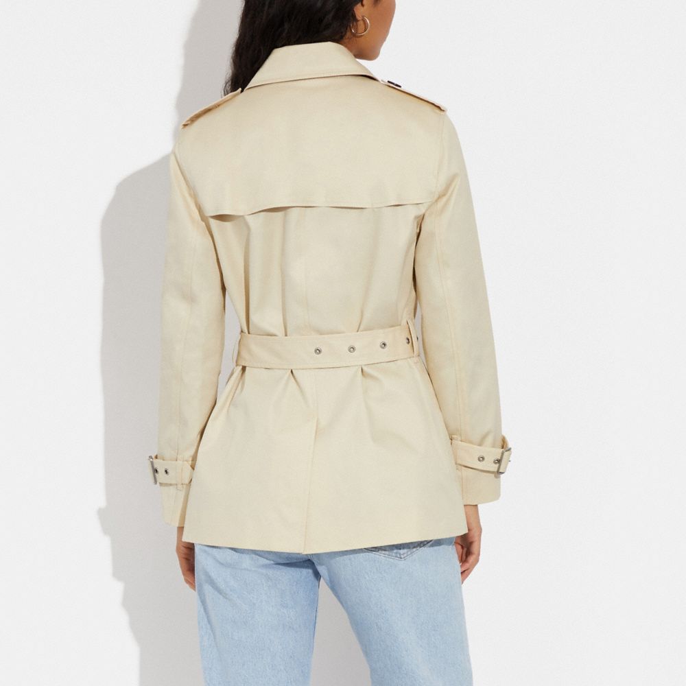 COACH®,Solid Short Trench Coat,Cotton,Polyester,Trench,Button,Work,Cream,Scale View