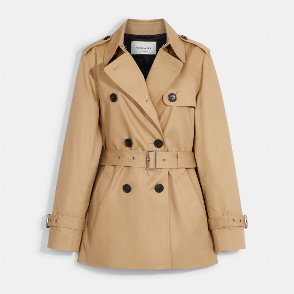 COACH®,Solid Short Trench Coat,Cotton,Polyester,Trench,Button,Work,,Front View