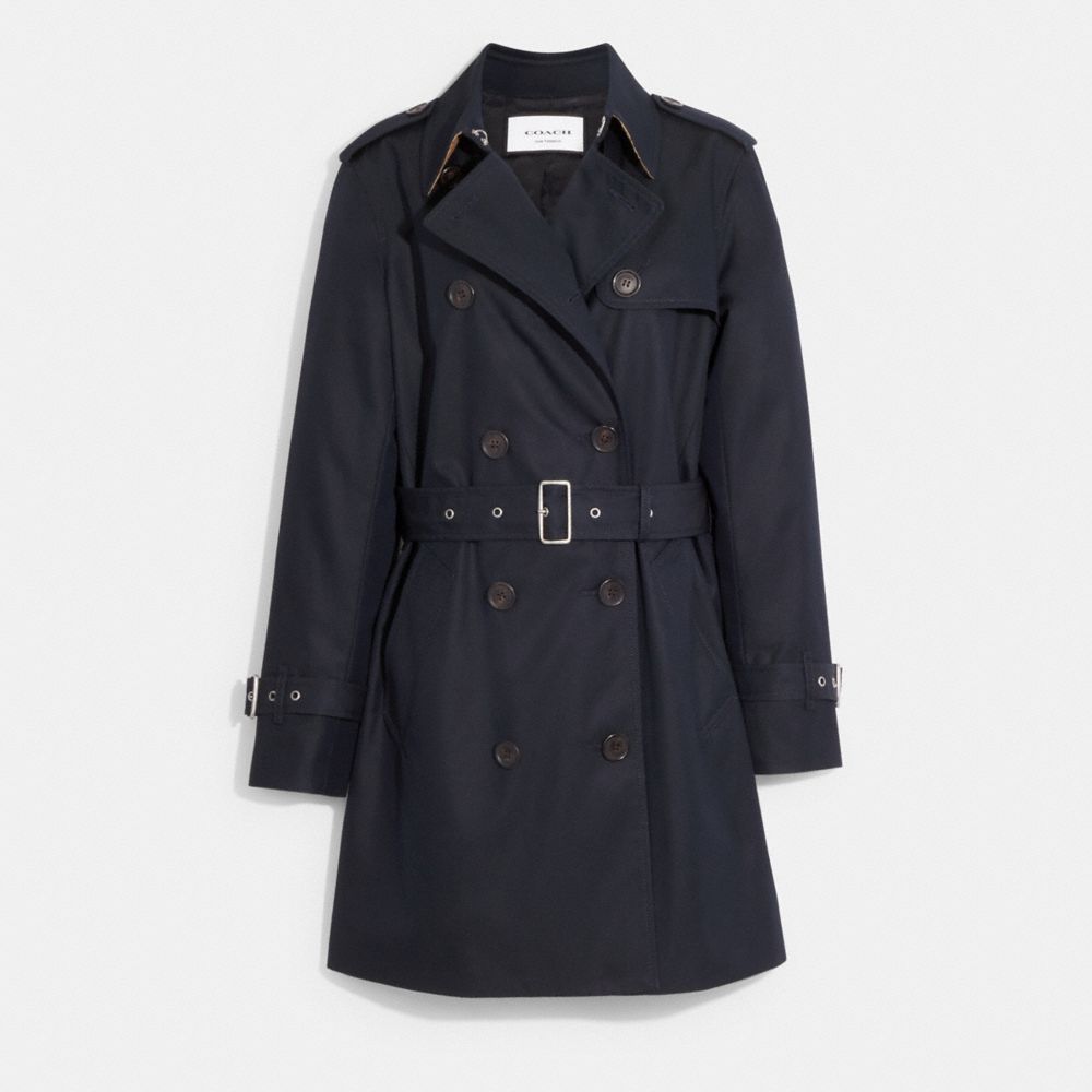 COACH®,Solid Mid Trench Coat,Cotton,Polyester,Viscose,Trench,Button,Center Back Vent,Ripstop,Work,,Front View
