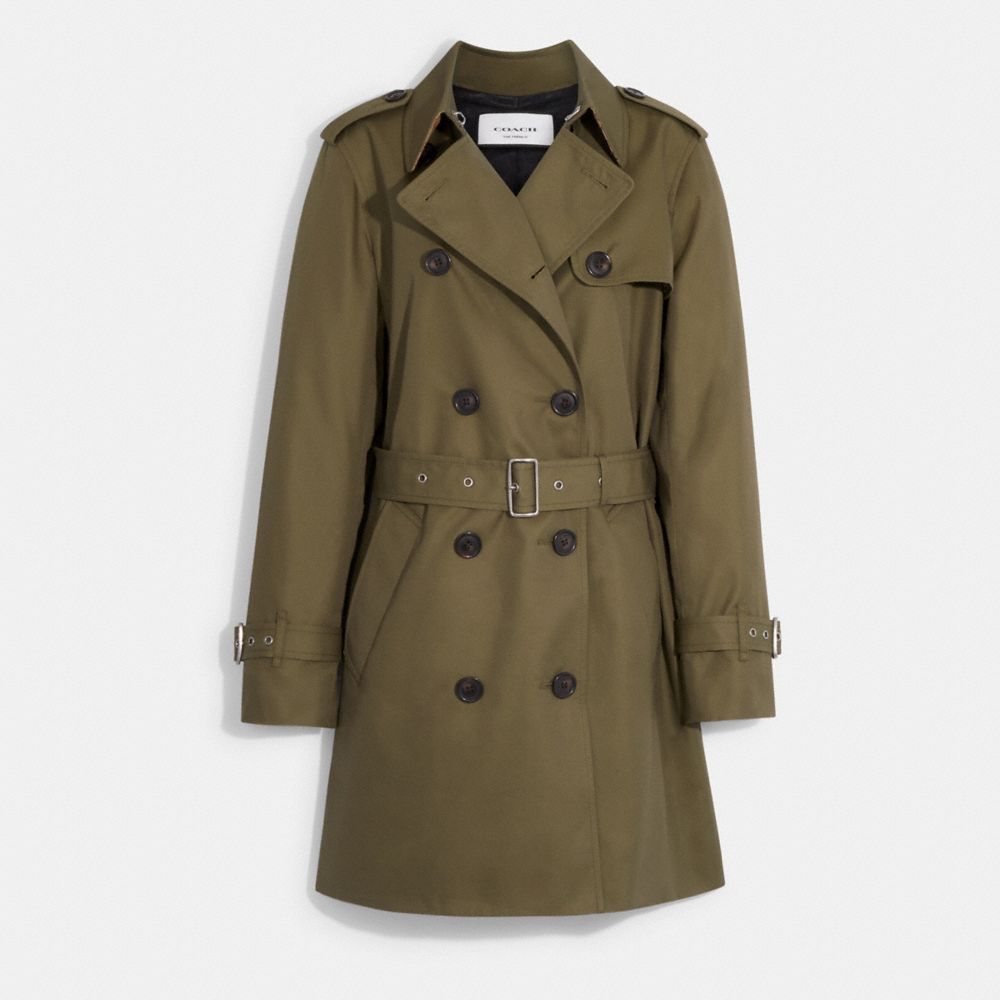 COACH®,Solid Mid Trench Coat,Cotton,Polyester,Viscose,Trench,Button,Center Back Vent,Ripstop,Work,Olive,Front View