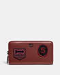 COACH®,ACCORDION ZIP WALLET WITH VARSITY PATCHES,Glovetanned Leather,Mini,Pewter/Cardinal,Front View