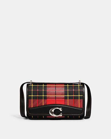 COACH®,BANDIT CROSSBODY WITH PLAID PRINT,Glovetanned Leather,Mini,Plaid,Silver/Sport Red Multi,Front View