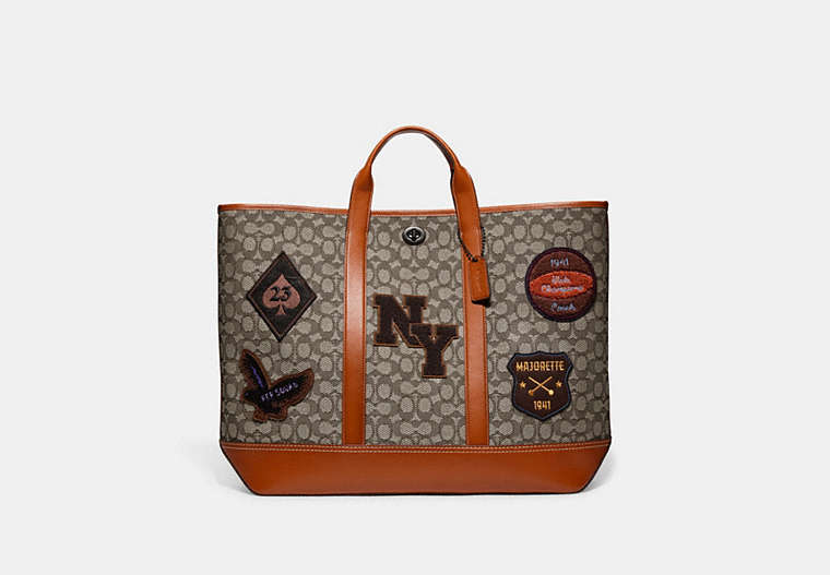 Toby Turnlock Tote In Signature Textile Jacquard With Varsity Patches