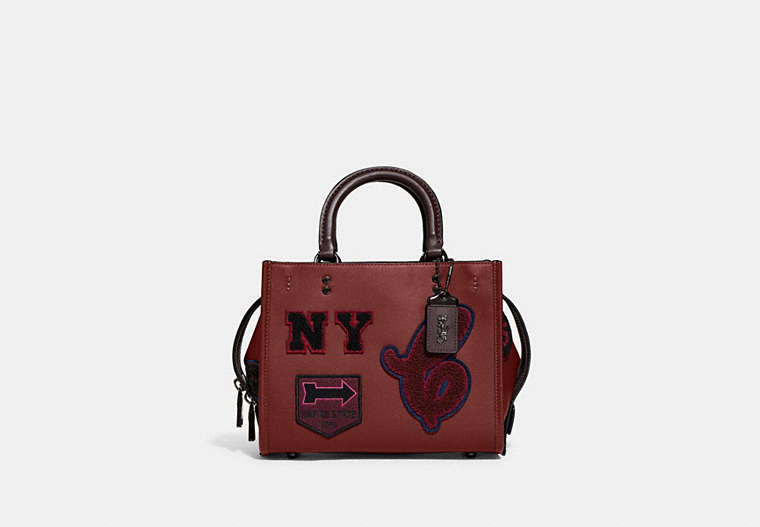 COACH®,ROGUE 25 WITH VARSITY PATCHES,Smooth Leather,Medium,Pewter/Cardinal,Front View