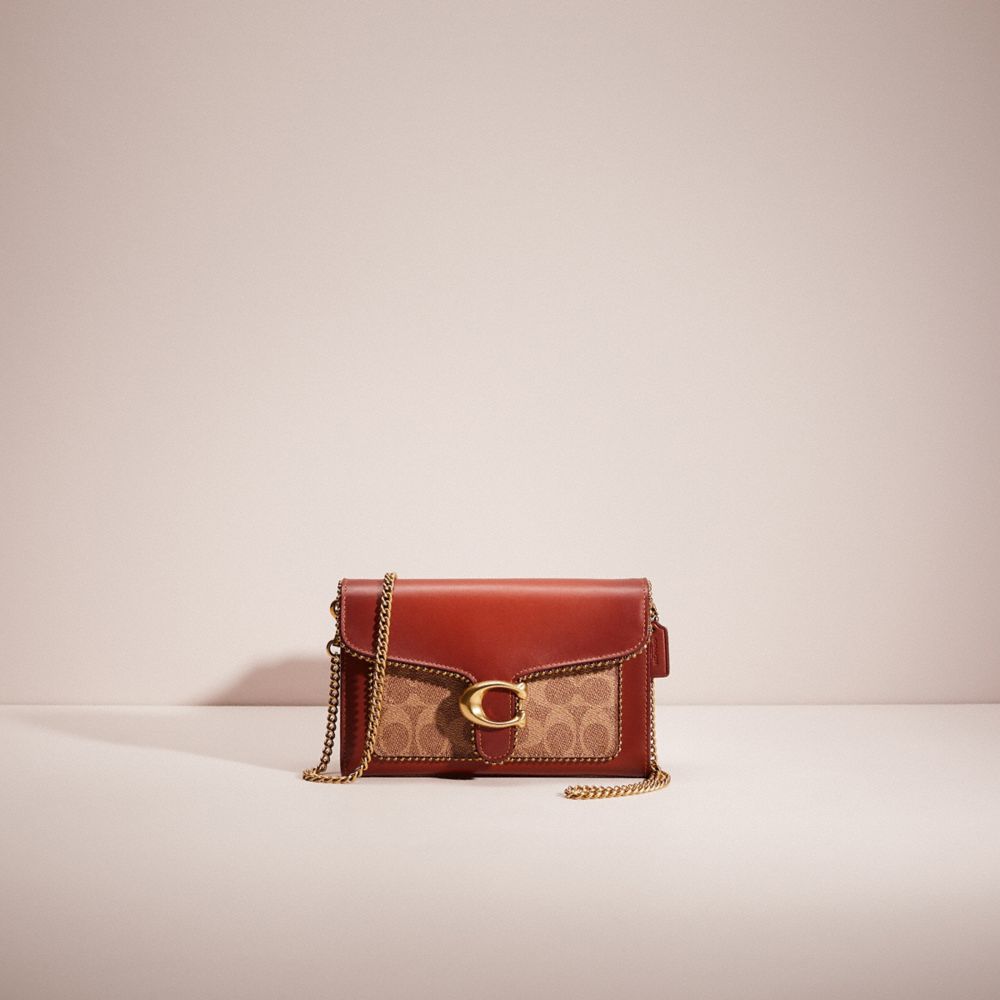 Coach Restored Tabby Chain Clutch In Signature Canvas With Beadchain In Brass/tan/rust