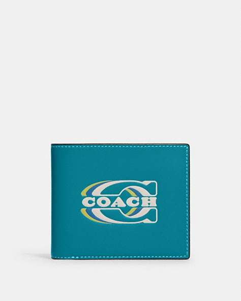COACH®,3-IN-1 WALLET WITH COACH STAMP,Leather,Black Copper/Teal,Front View