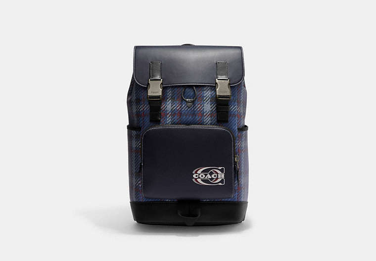 COACH®,TRACK BACKPACK WITH PLAID PRINT AND COACH STAMP,Gunmetal/Midnight Navy Multi,Front View