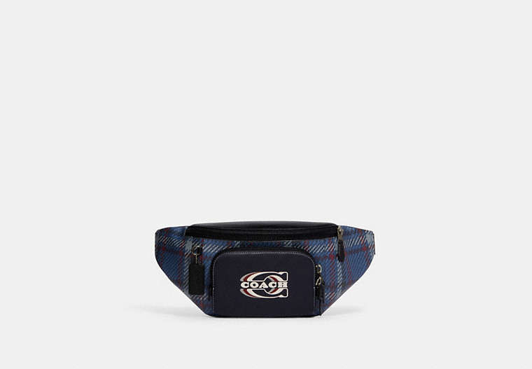COACH®,TRACK BELT BAG WITH PLAID PRINT AND COACH STAMP,Gunmetal/Midnight Navy Multi,Front View