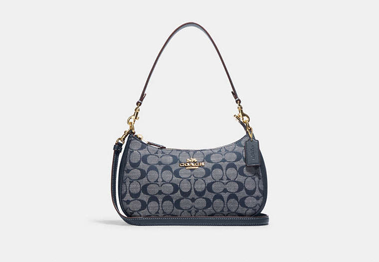 COACH®,TERI SHOULDER BAG IN SIGNATURE CHAMBRAY,Small,Gold/Denim Multi,Front View