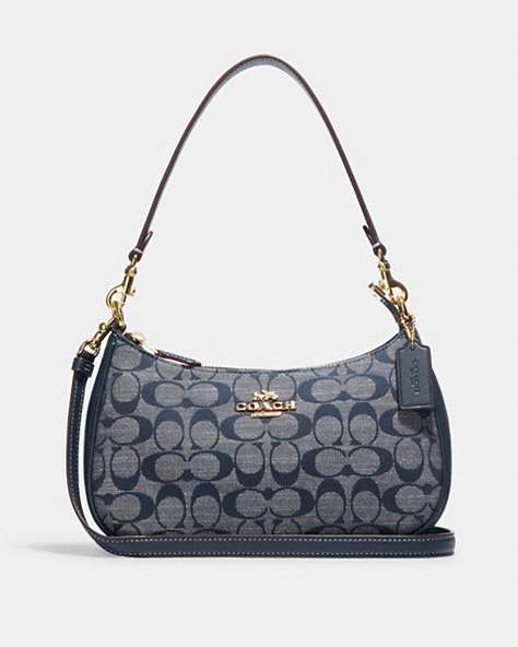 COACH®,TERI SHOULDER BAG IN SIGNATURE CHAMBRAY,Small,Gold/Denim Multi,Front View