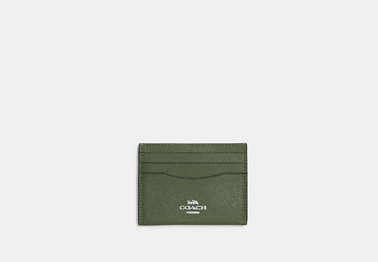 COACH®,SLIM ID CARD CASE,Crossgrain Leather,Silver/Dark Sage,Front View
