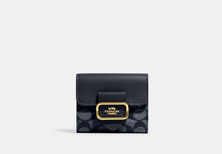 COACH®,SMALL MORGAN WALLET IN SIGNATURE CHAMBRAY,Gold/Denim Multi,Front View