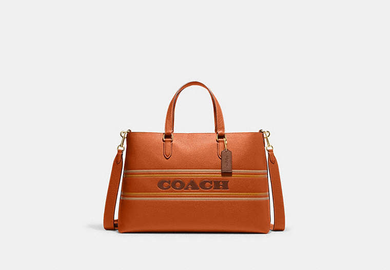 COACH®,LOGAN CARRYALL WITH COACH STRIPE,Leather,Office,Im/Canyon Multi,Front View