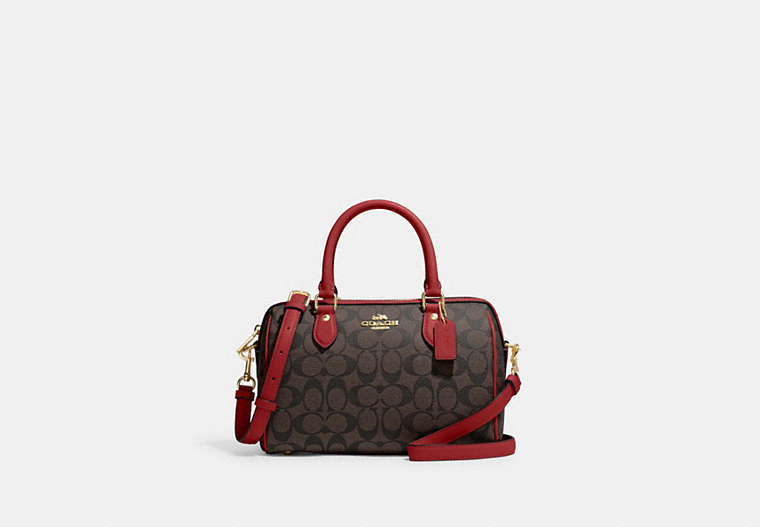 COACH®,ROWAN SATCHEL IN SIGNATURE CANVAS,pvc,Medium,Anniversary,Gold/Brown 1941 Red,Front View