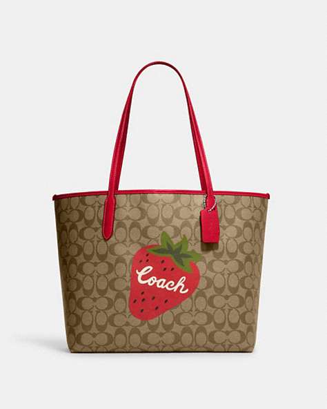 COACH®,CITY TOTE IN SIGNATURE CANVAS WITH WILD STRAWBERRY,Silver/Khaki/Electric Red,Front View