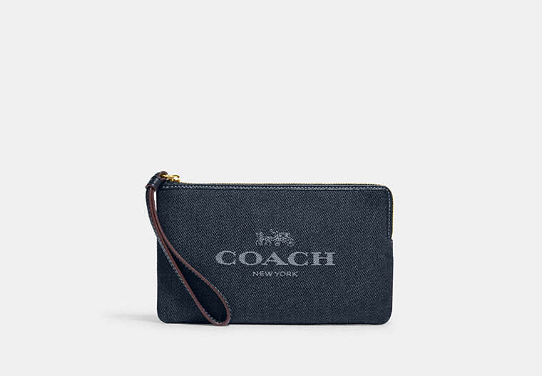 COACH®,LARGE CORNER ZIP WITH COACH,Gold/Denim,Front View
