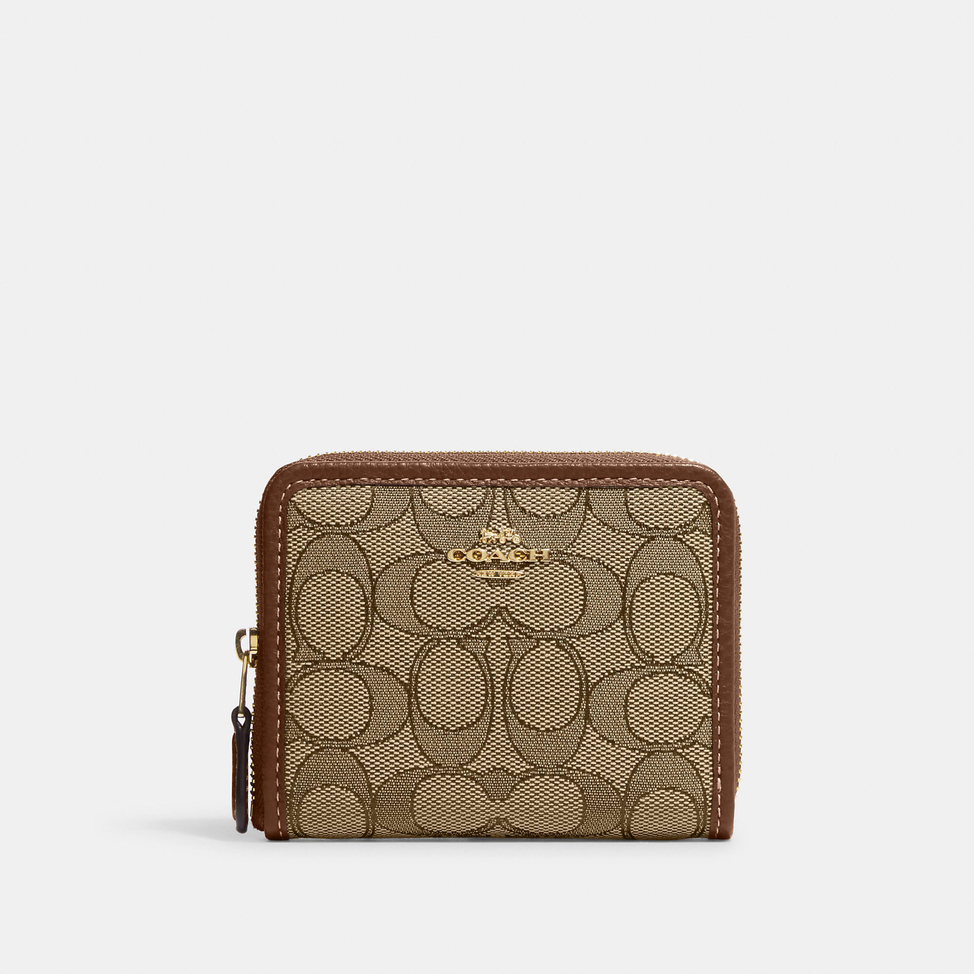 Shop Coach Outlet Small Zip Around Wallet In Signature Jacquard In Brown