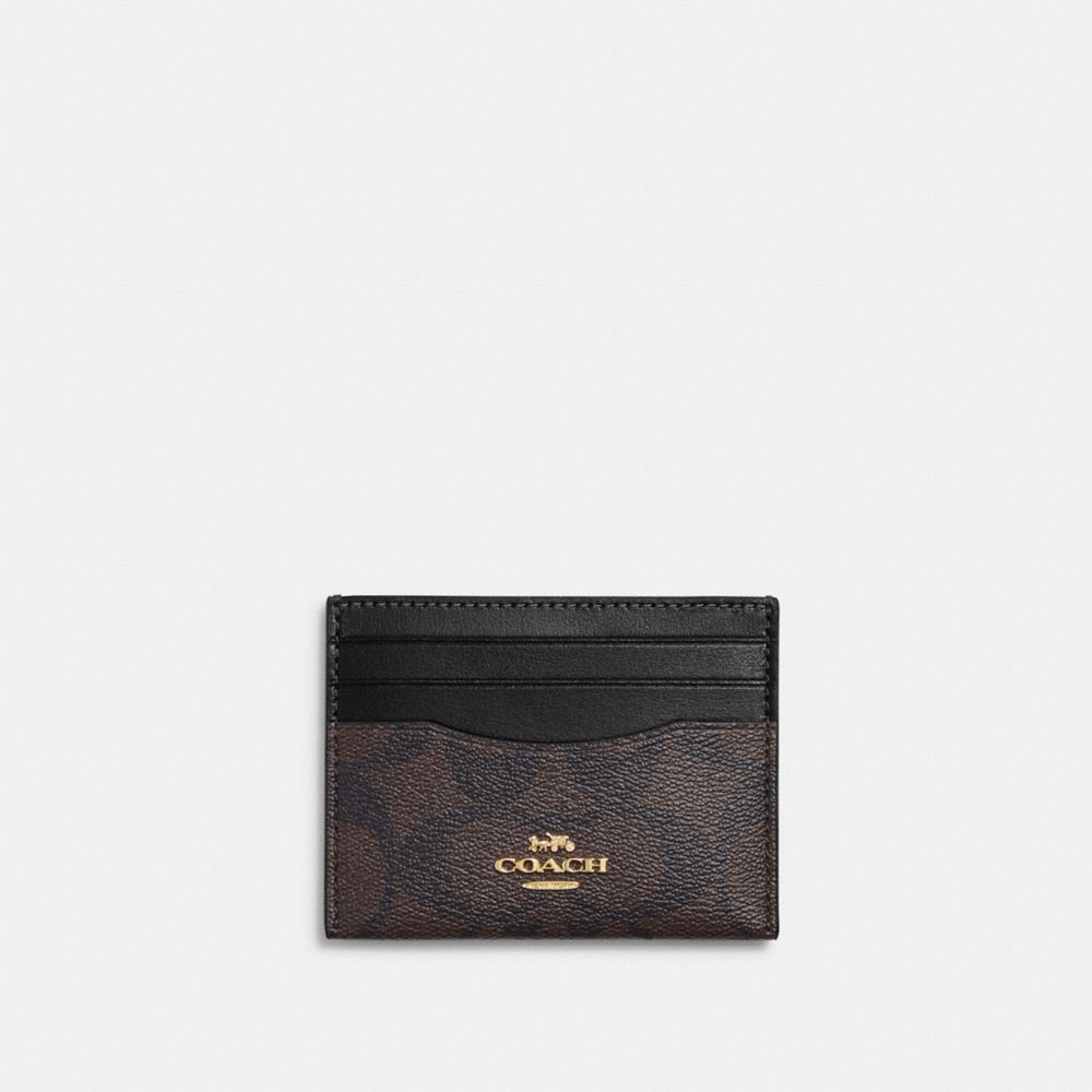 COACH®,SLIM ID CARD CASE IN SIGNATURE CANVAS,pvc,Gold/Brown Black,Front View