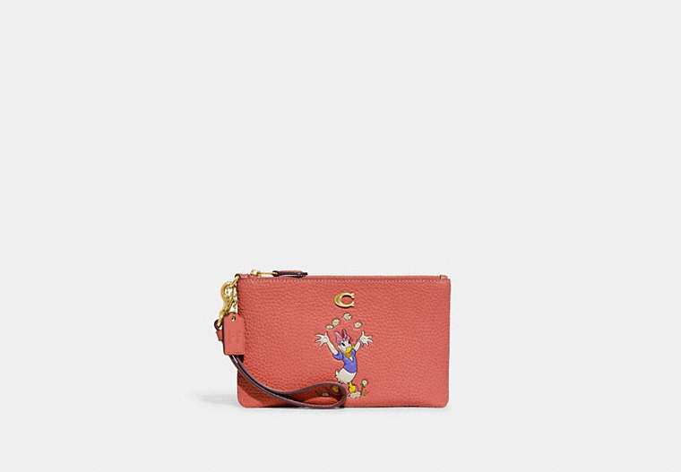 COACH®,DISNEY X COACH SMALL WRISTLET IN REGENERATIVE LEATHER WITH DAISY DUCK,Smooth Leather,Mini,Brass/Burnt Coral,Front View