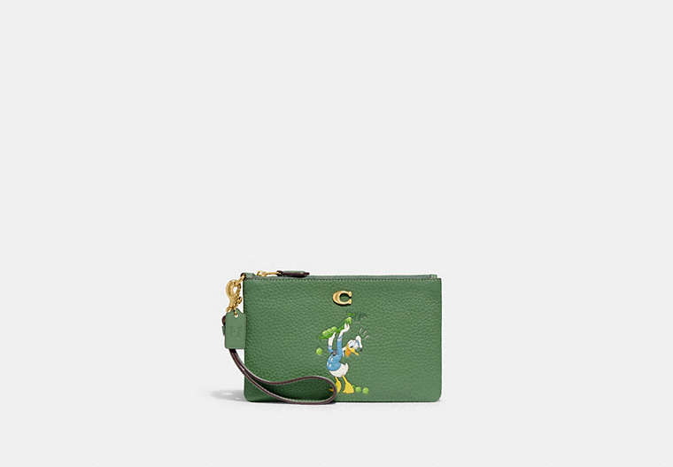 Disney X Coach Small Wristlet In Regenerative Leather With Donald Duck