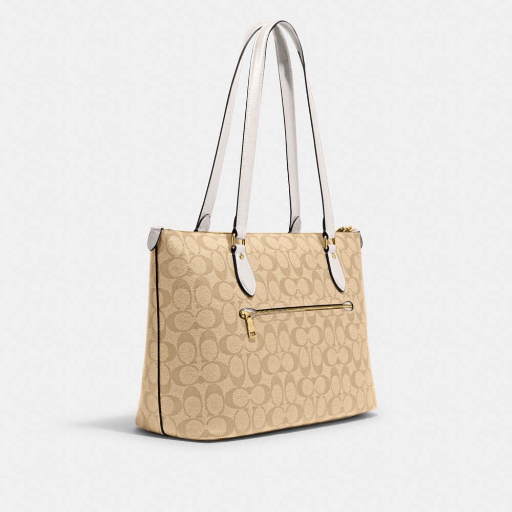 COACH®,Gallery Tote Bag In Signature Canvas,Leather,Canvas,Tote,PVC,Logo,Gold Metal,Work,Beige,Angle View