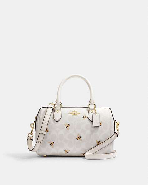 COACH®,ROWAN SATCHEL IN SIGNATURE CANVAS WITH BEE PRINT,Gold/Chalk/Glacier White Multi,Front View