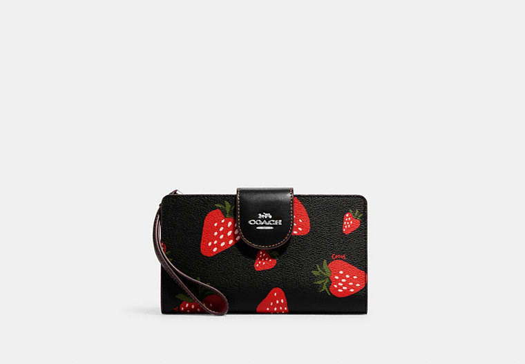 COACH®,PHONE WALLET WITH WILD STRAWBERRY PRINT,Leather,Silver/Black Multi,Front View
