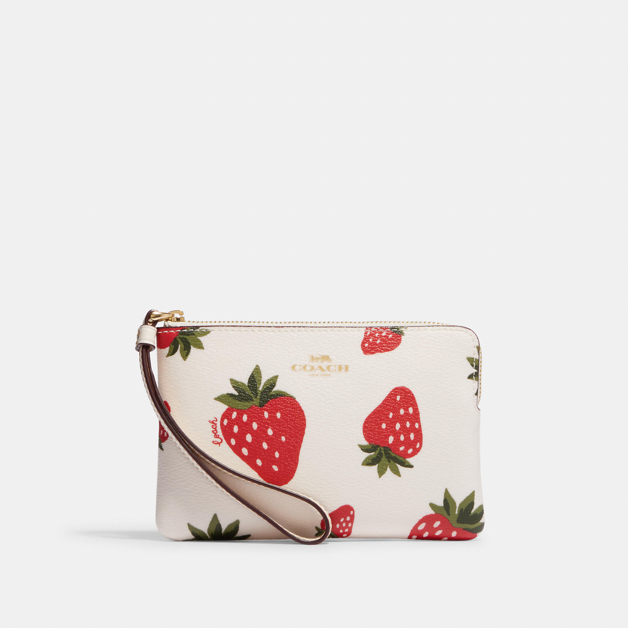 Coach Outlet Corner Zip Wristlet With Wild Strawberry Print In White