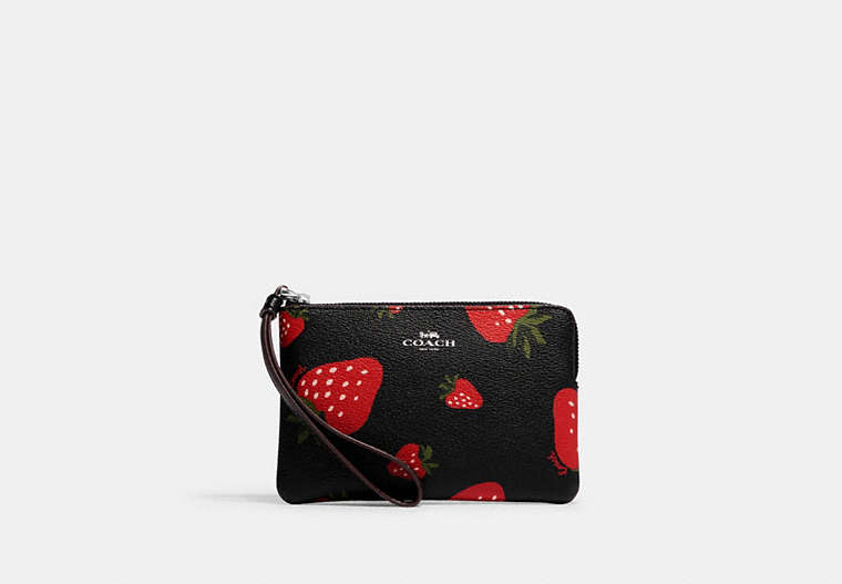 COACH®,CORNER ZIP WRISTLET WITH WILD STRAWBERRY PRINT,Leather,Silver/Black Multi,Front View